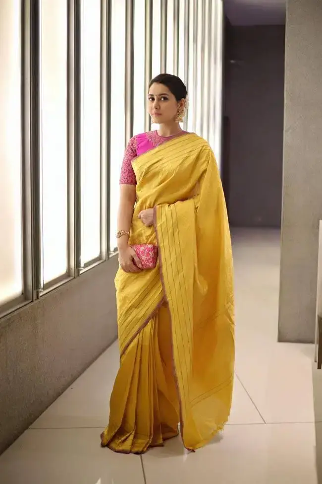 INDIAN BEAUTIFUL GIRL RASHI KHANNA PHOTOS IN TRADITIONAL YELLOW SAREE 10